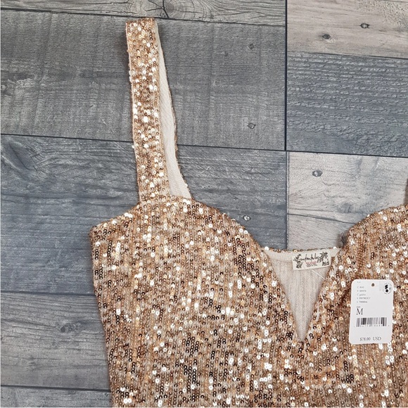 Free People Sparks Fly Corset Bodysuit Top Medium 12 14 Gold Sequin Party BNWT - Picture 4 of 12